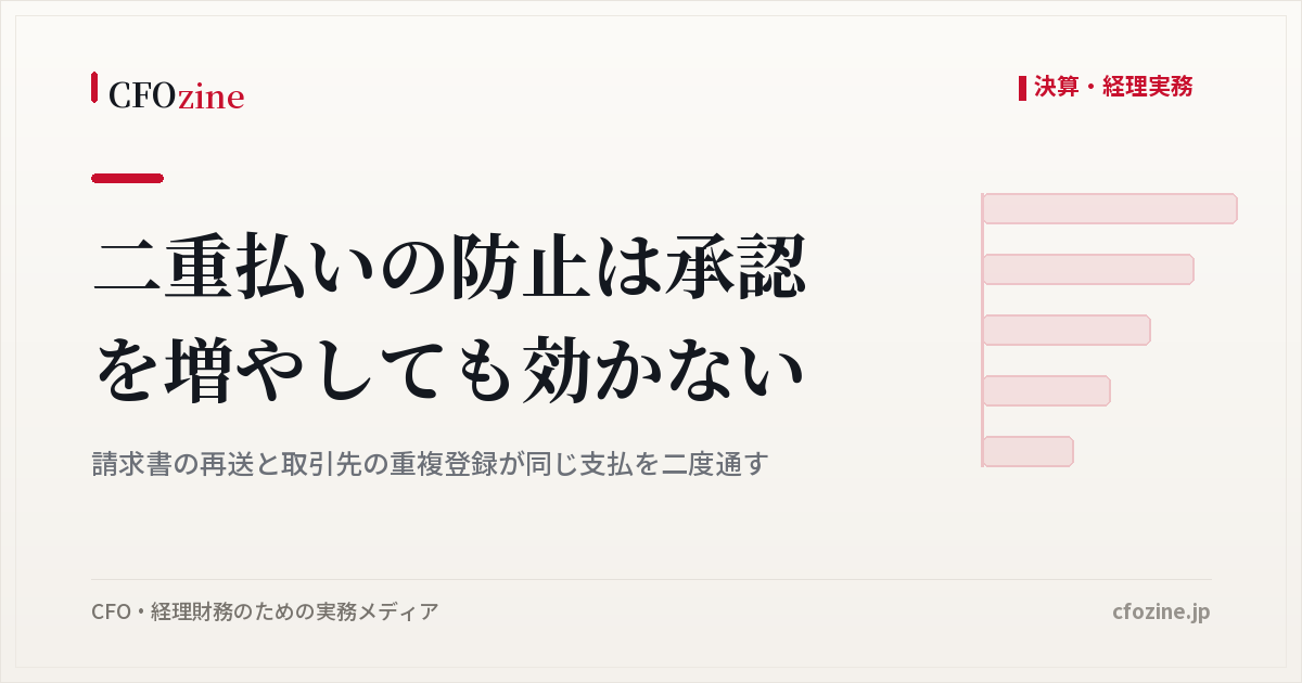 二重払いの防止は承認を増やしても効かない、請求書の再送と取引先の重複登録が同じ支払を二度通す